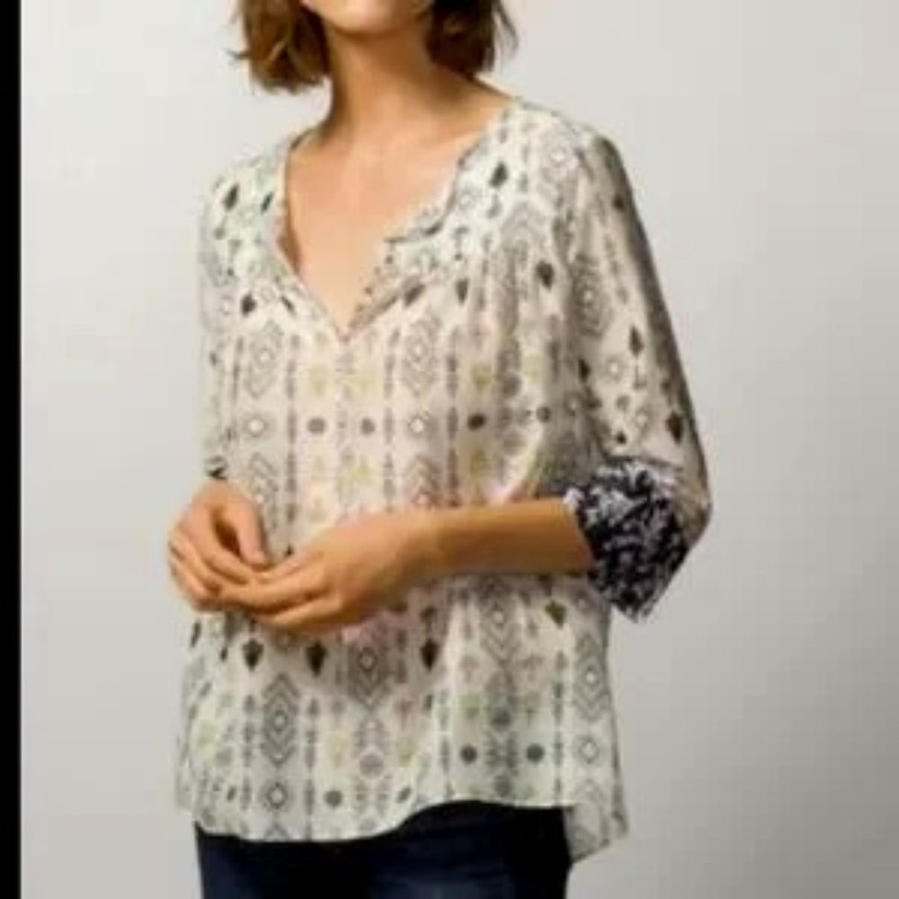 Massimo Dutti Tunic Top Popover V-Neck Boho Geometric Silk Blend Sheer Sz 4 5189